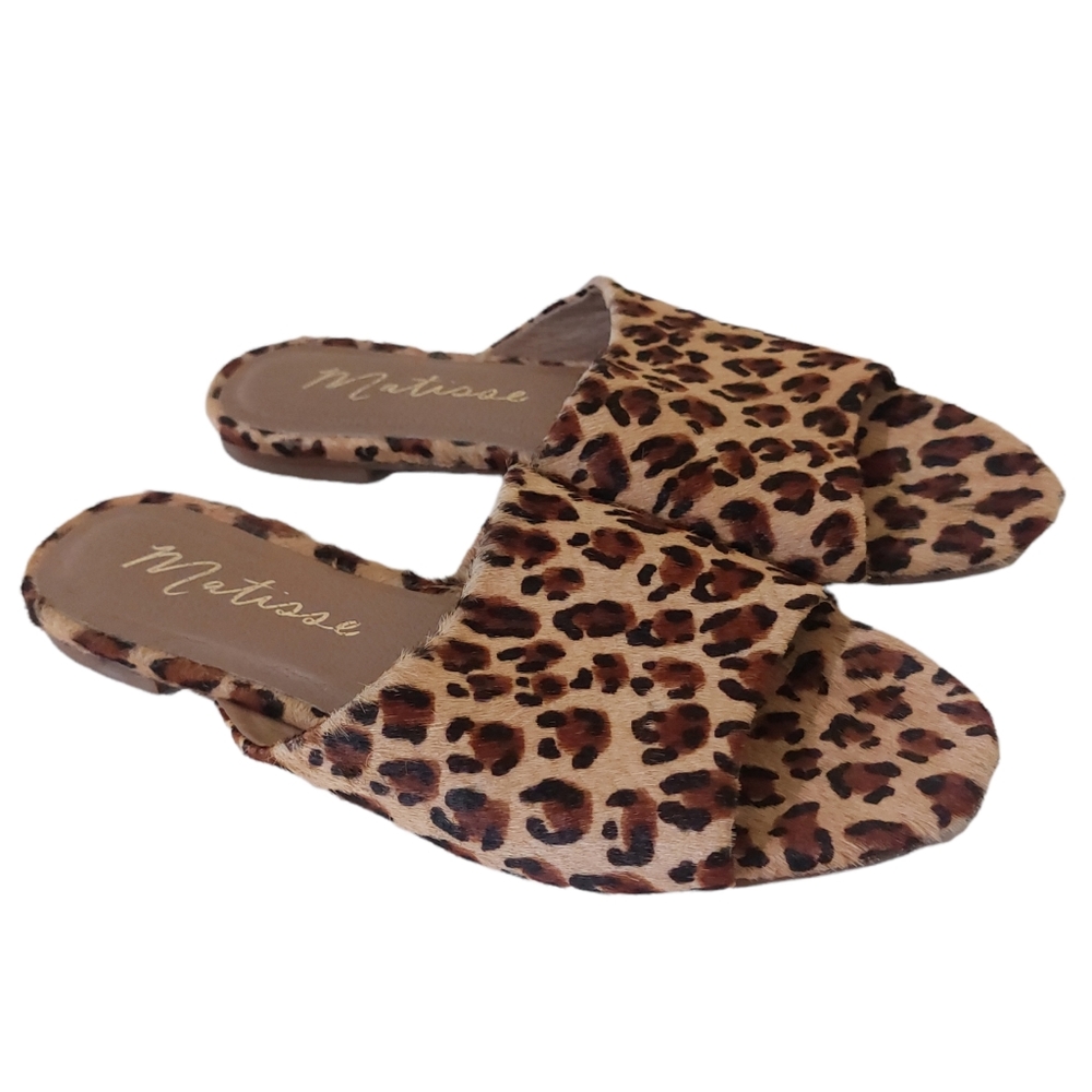 Matisse Women's 7.5 Lira Sandal Leather Leopard Print Calf Hair Flats Slides
